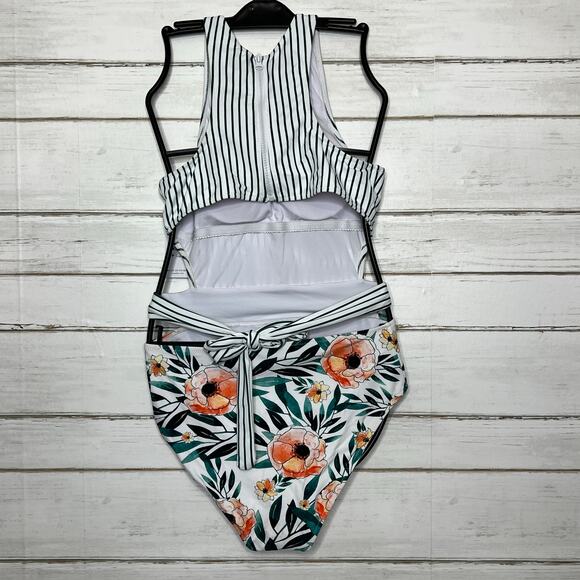 Cupshe Miss You Poppy One Piece Swimsuit Floral Stripe Size Large - Picture 3 of 12